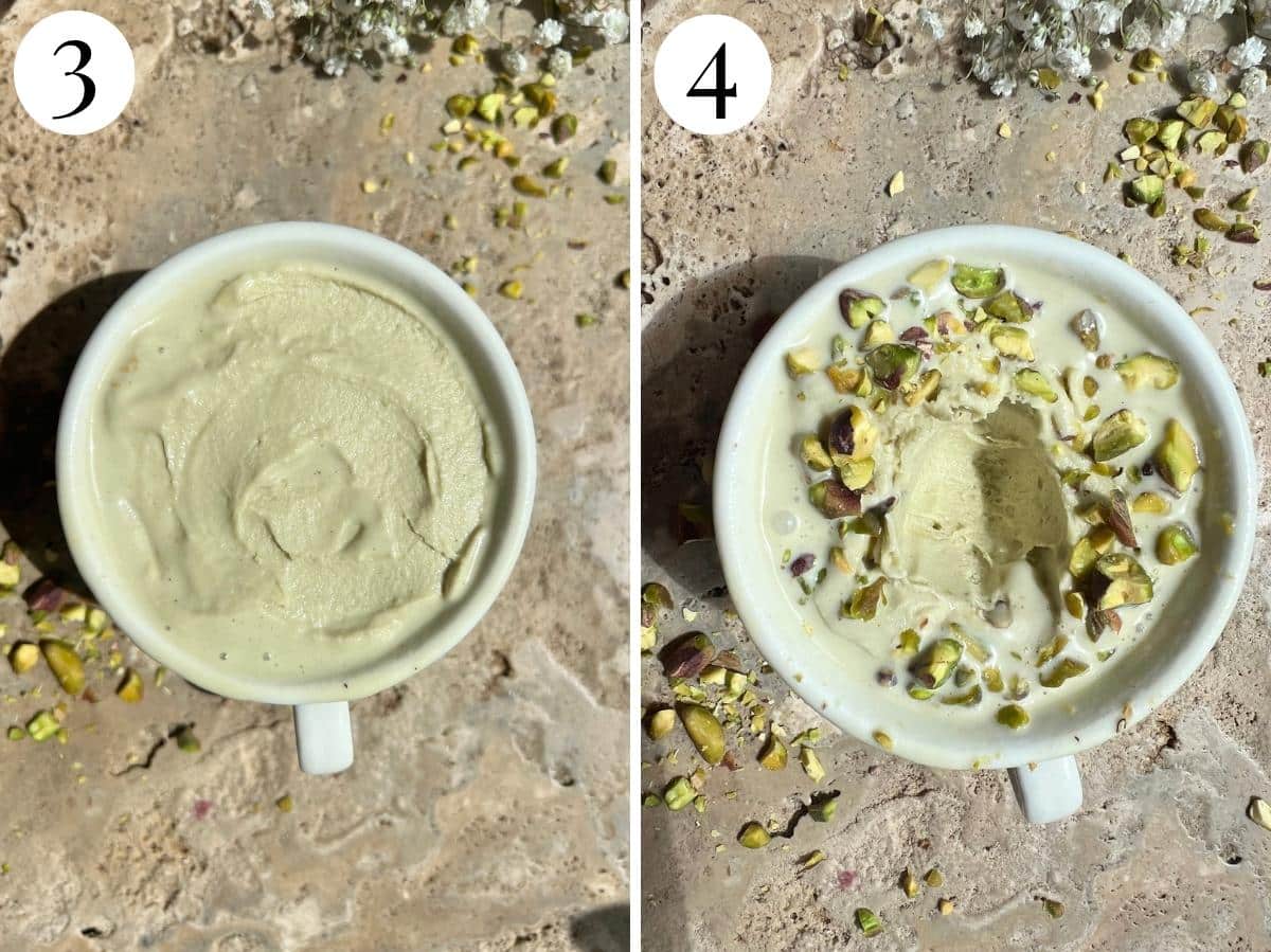 Two photos showing pistachio ice cream in a mug topped with pistachios.
