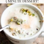 A pinterest graphic of a pistachio affogato. The text overlay reads Pistachio Affogato - 5 minute dessert.