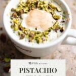 A pinterest graphic of a pistachio affogato in a white mug.