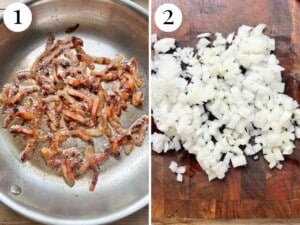 Two photos showing pancetta frying in a pan and onions finely chopped on a cutting board.