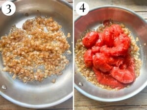 Two photos in a collage showing sauteed onions and tomatoes being added to the sauce.