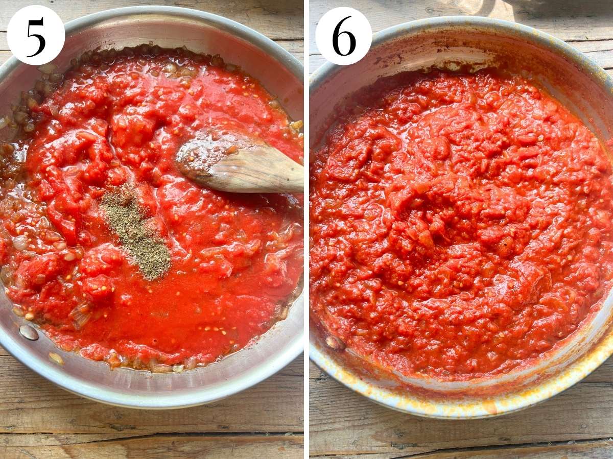 Two photos in a collage showing marjoram being added to tomato sauce and how it looks after being reduced.