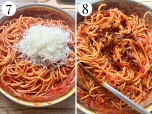 Two photos in a collage showing spaghetti, pecorino and pancetta being added to the sauce to finish the dish.
