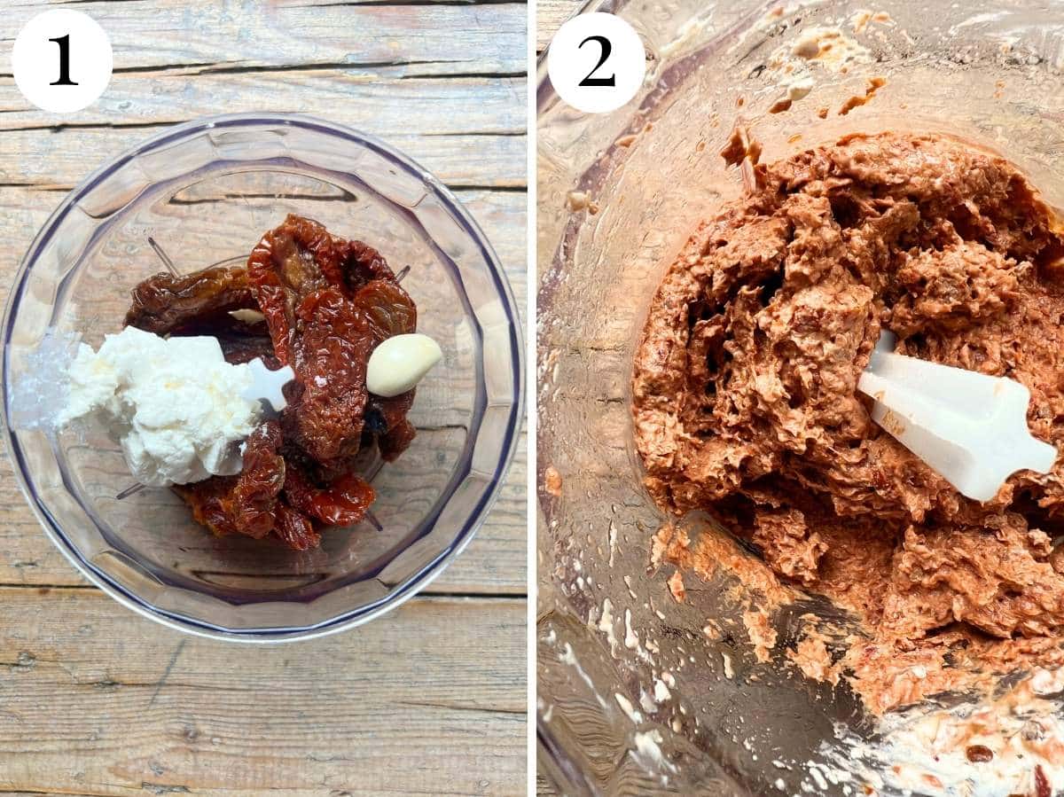Two photos showing the before and after of make a sun-dried tomato paste.