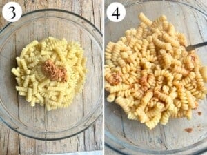 Two photos showing the before and after of adding a little tomato paste to pasta.