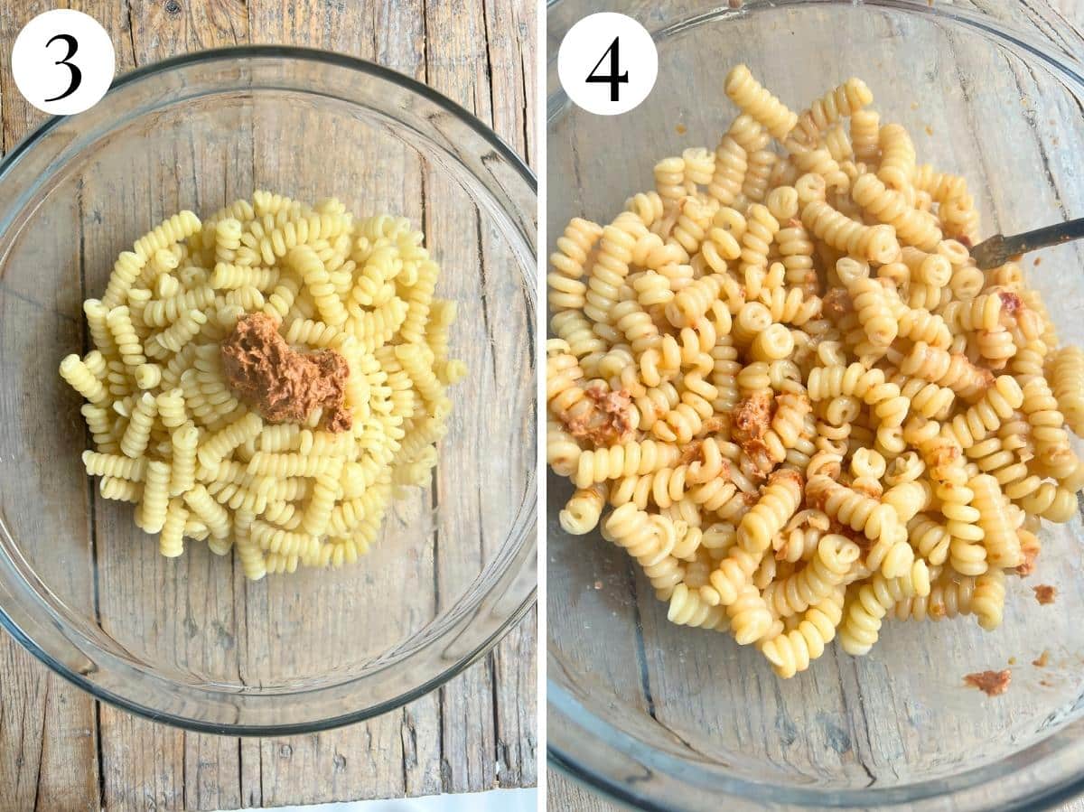 Two photos showing the before and after of adding a little tomato paste to pasta.