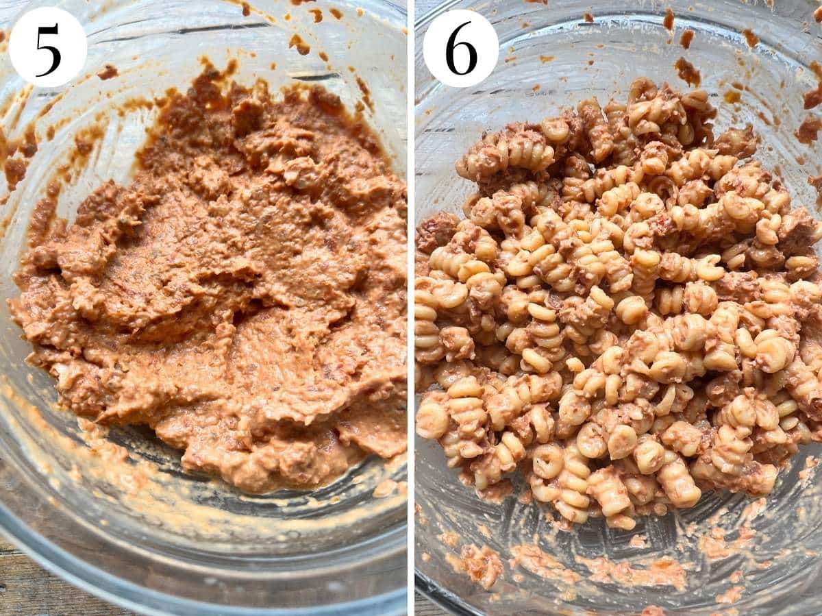 Two photos showing a looser tomato paste and it being added to pasta.