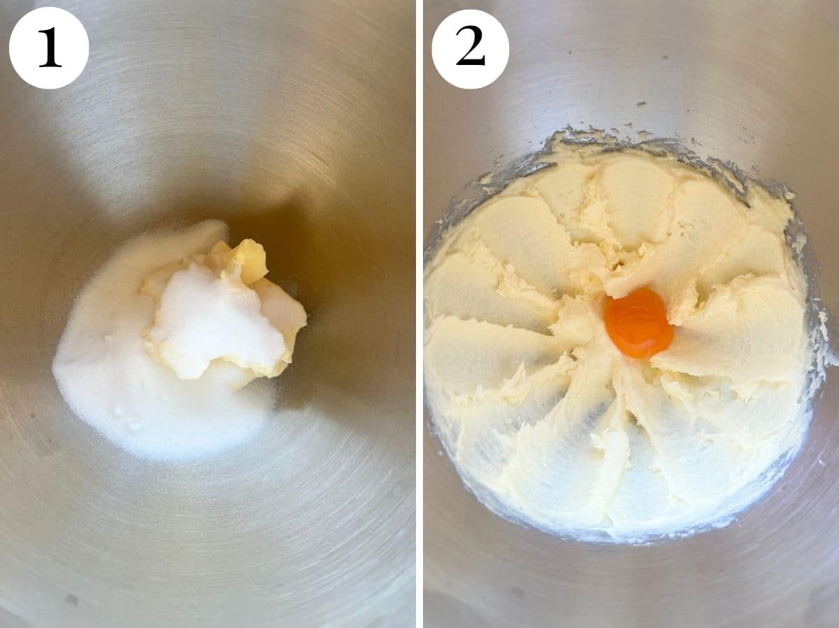 Two photos in a collage showing how to cream butter, sugar and eggs together.