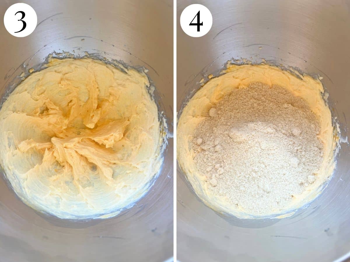 Two photos in a collage showing eggs fully incorporated in the batter and adding the ground almonds.