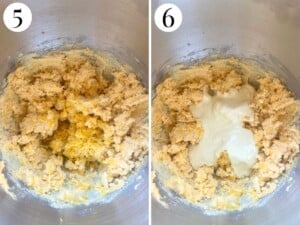 Two photos in a collage showing the lemon zest and white chocolate added.