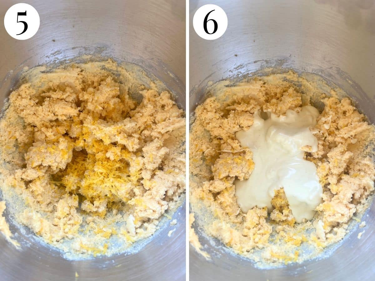 Two photos in a collage showing the lemon zest and white chocolate added.