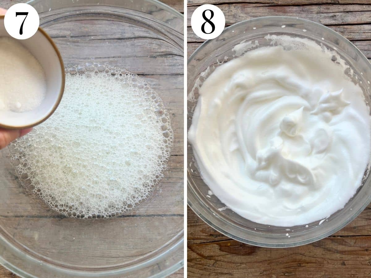 Two photos in a collage showing how to whip eggs to stiff peaks.