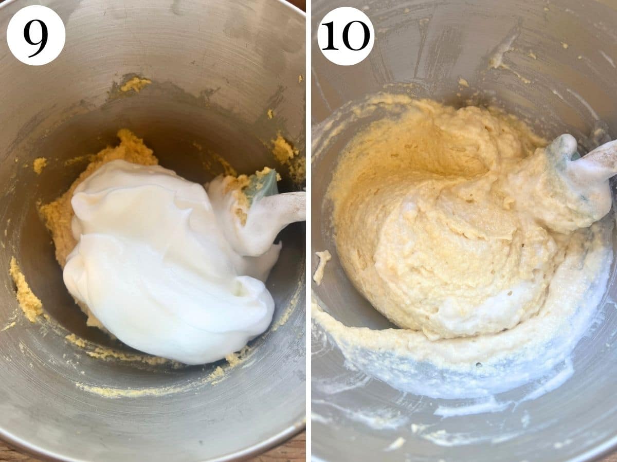 Two photos in a collage showing egg whites being incorporated into cake batter.