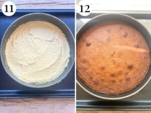 Two photos in a collage showing the cake before and after baking in the oven.