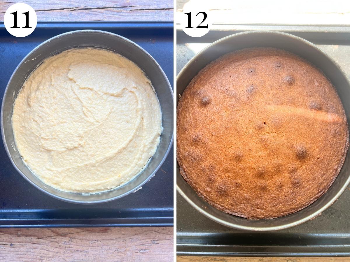 Two photos in a collage showing the cake before and after baking in the oven.