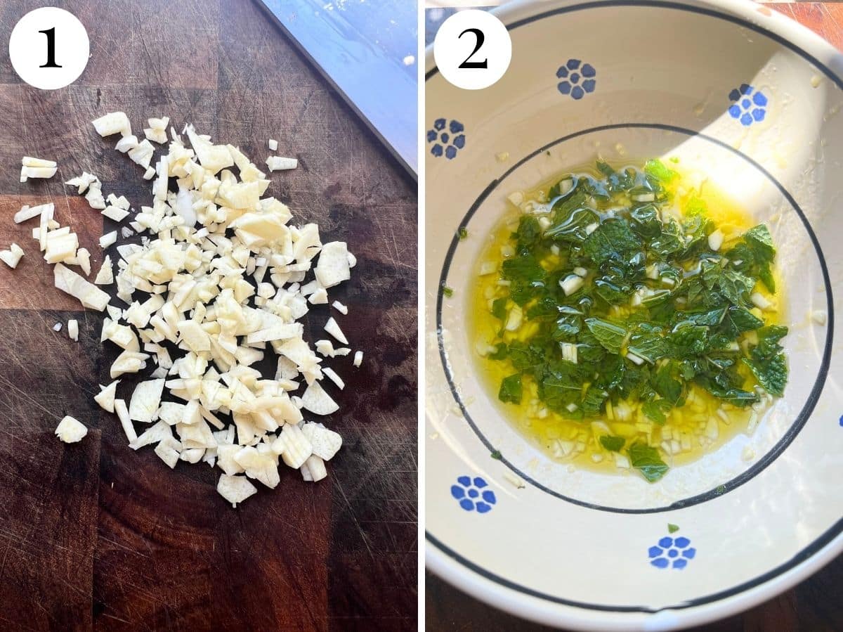 Two photos in a collage showing chopped garlic and a vinegar, mint and olive oil dressing in a bowl.
