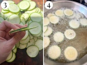 Two photos in a collage showing thinly sliced zucchini and it frying in a pan of hot oil.