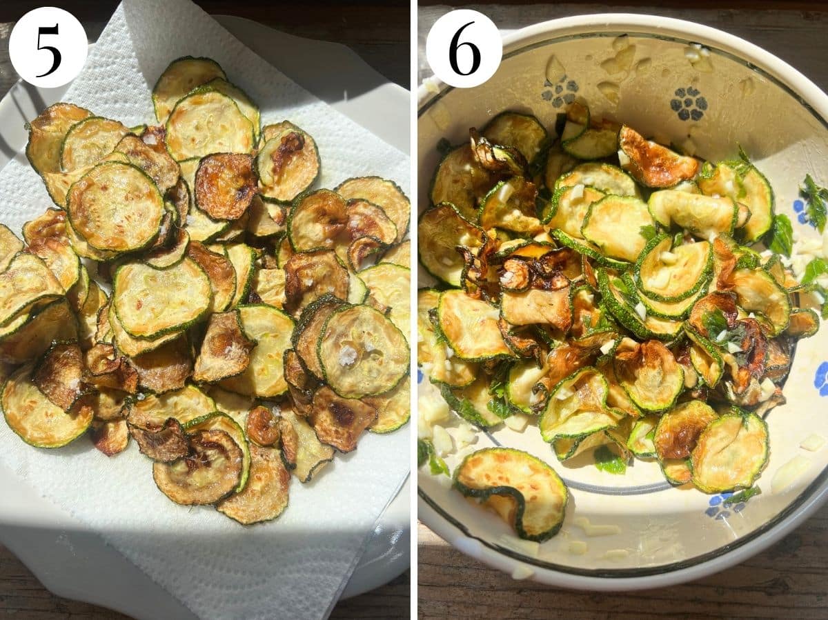 Two photos in a collage showing fried zucchini draining on a plate with kitchen paper and it mixed with the vinegar, mint and garlic dressing.