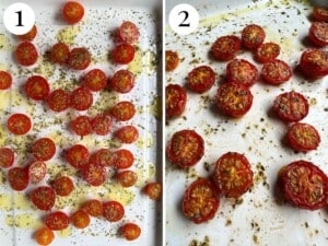 Two photos in a collage showing the before and after of slow roasting cherry tomatoes.