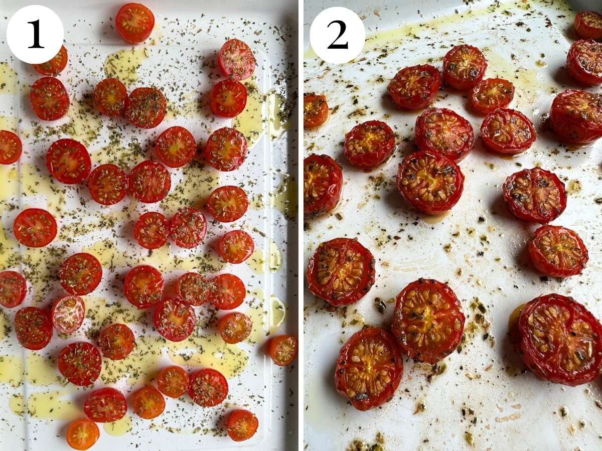 Two photos in a collage showing the before and after of slow roasting cherry tomatoes.