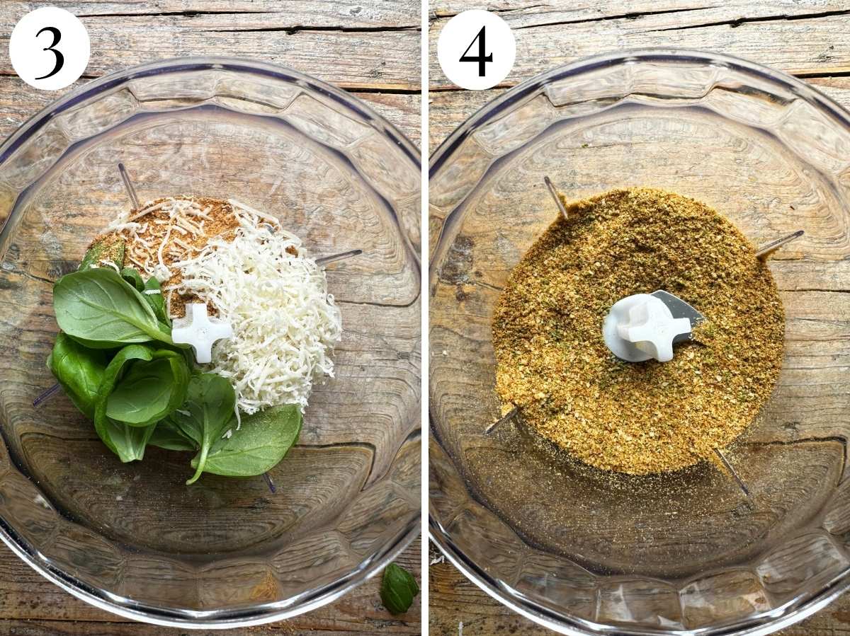 Two photos in a collage showing the before and after of blitzing a breadcrumb mixture with basil and parmigiano in a food processor.