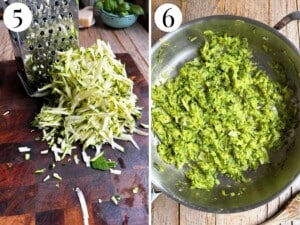 Two photos in a collage showing grated zucchini and it being sautéed with garlic and butter.