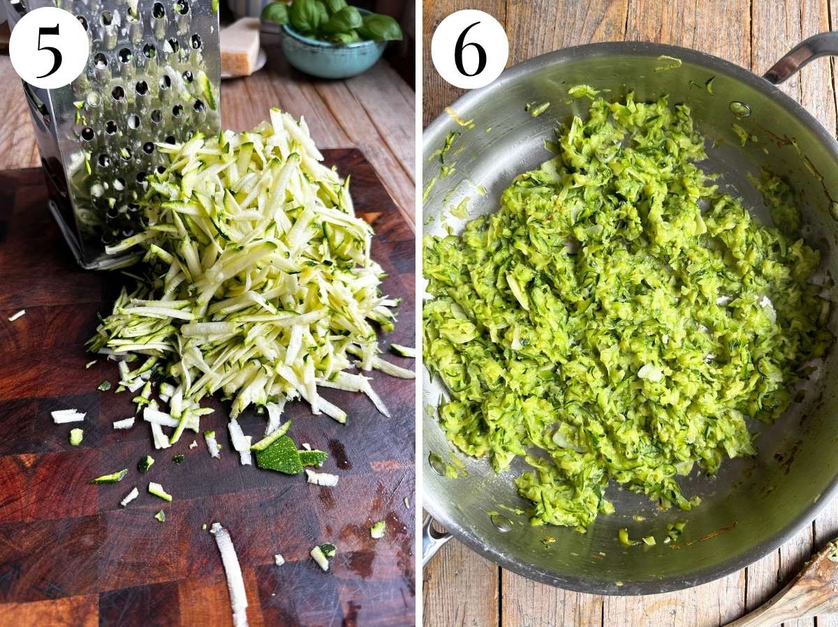 Two photos in a collage showing grated zucchini and it being sautéed with garlic and butter.