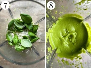 Two photos showing the before and after of zucchini, basil and parmigiano being blitzed into a smooth and creamy sauce in a blender.