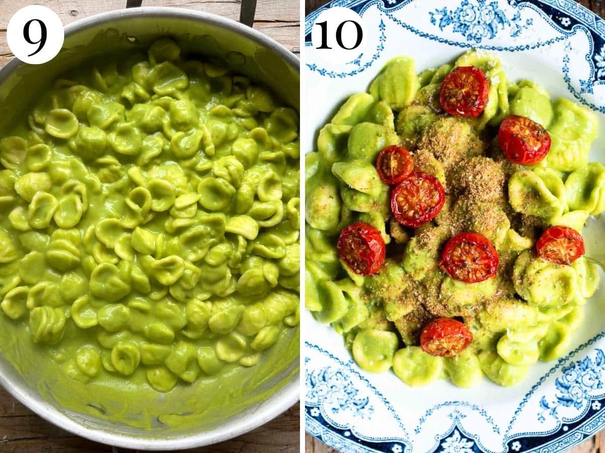 Two photos in a collage showing orecchiette pasta in a zucchini sauce and topped with roasted tomatoes and breadcrumbs.