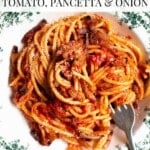 A pinterest graphic of tomato spaghetti in a green and white bowl with a fork.