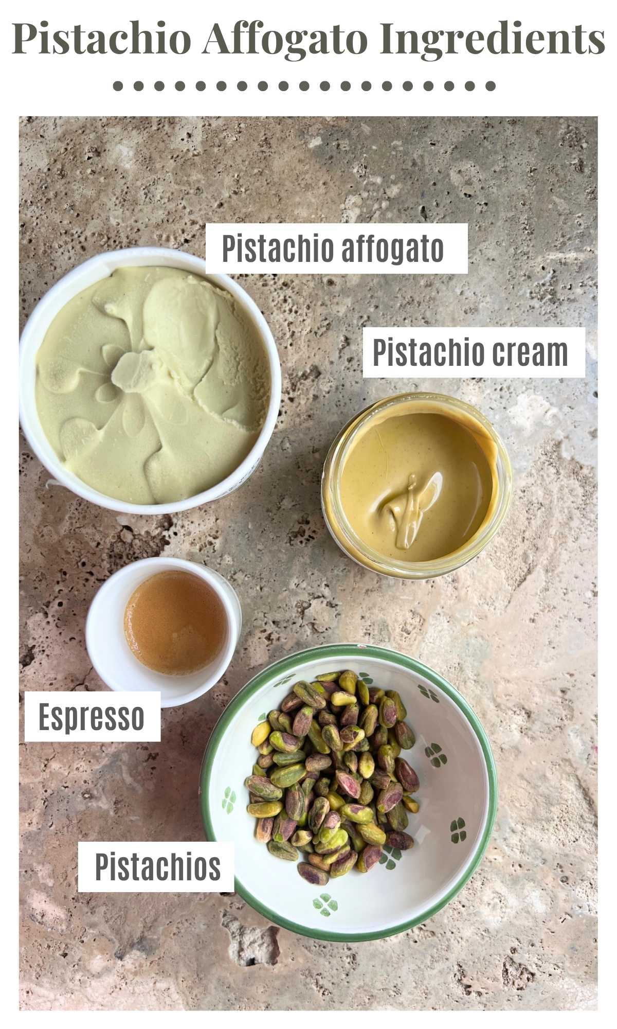 Pistachio ice cream, pistachio cream, espresso and pistachio nuts on a travertine surface.