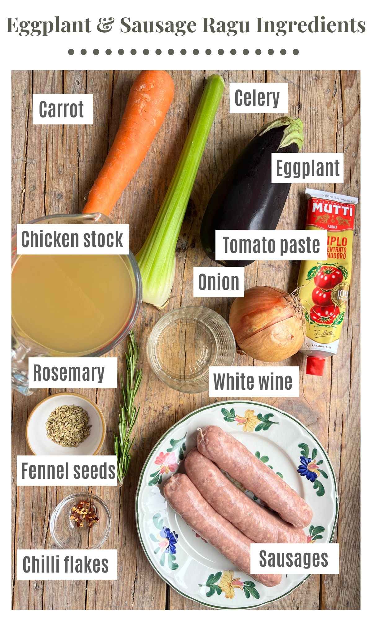 An overhead shot of all the ingredients needed to make a sausage and eggplant ragu laying on a wooden background.