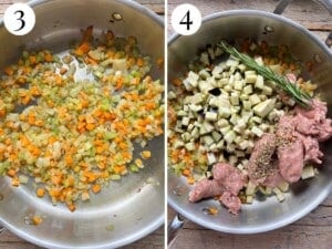 Two photos in a collage showing softened soffritto and adding sausage, eggplant, fennel, rosemary and chilli flakes.