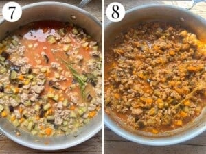 Two photos in a collage showing the before and after the sauce has reduced and ready.
