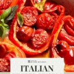 A pinterest graphic of a red bell pepper stuffed with c herry tomatoes. The text overlay reads; Italian stuffed peppers - get the recipe.