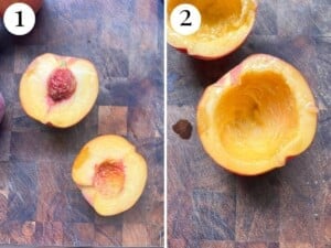 Two photos in a collage showing how to hollow out a peach.
