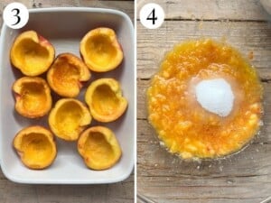 Two photos in a collage showing hollowed out peaches in a baking dish and mixing the pulp with suagr.