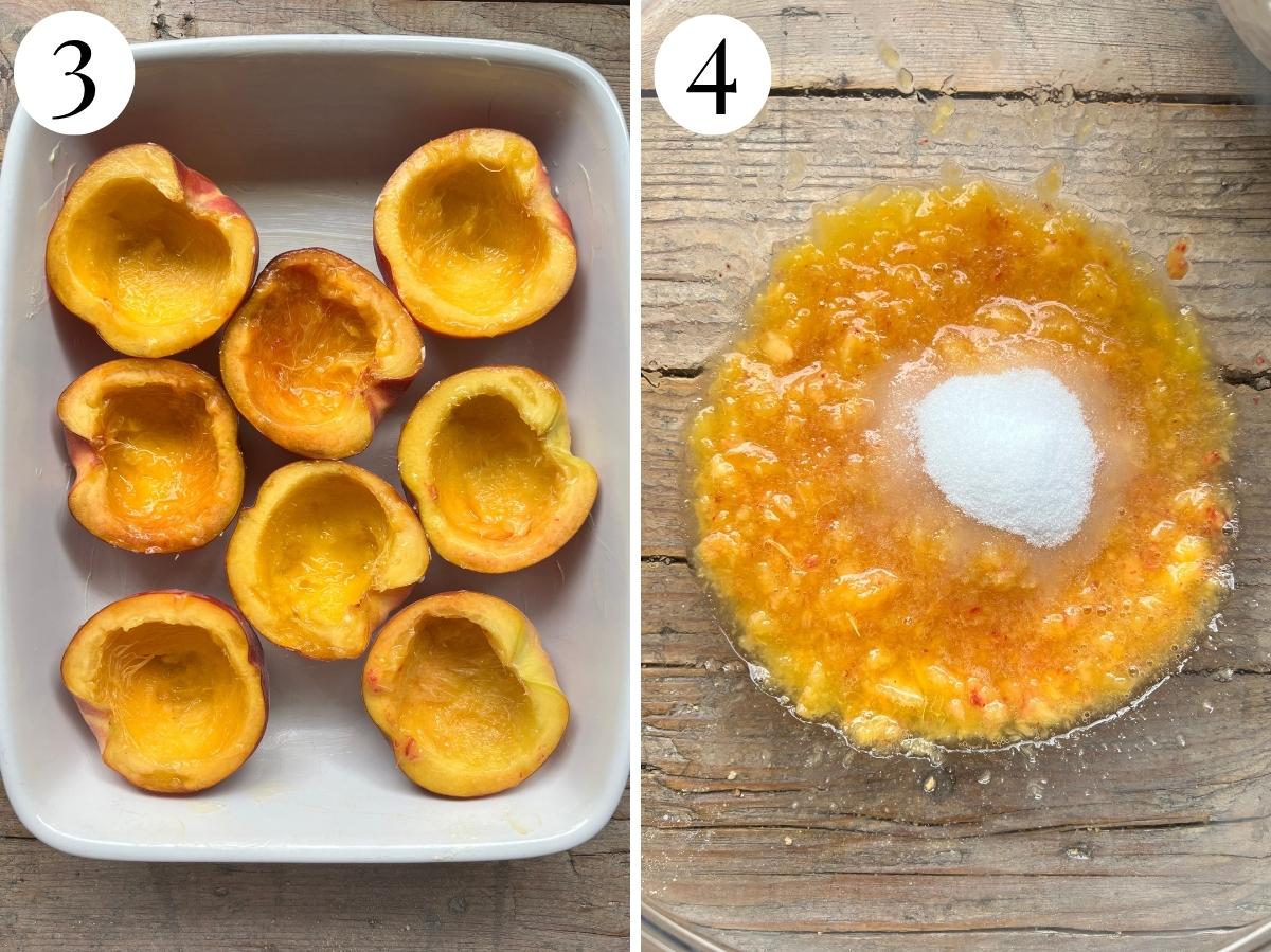 Two photos in a collage showing hollowed out peaches in a baking dish and mixing the pulp with suagr.