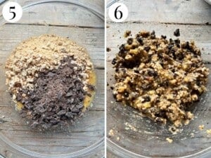 Two photos showing the filling getting mixed for the stuffed peaches.