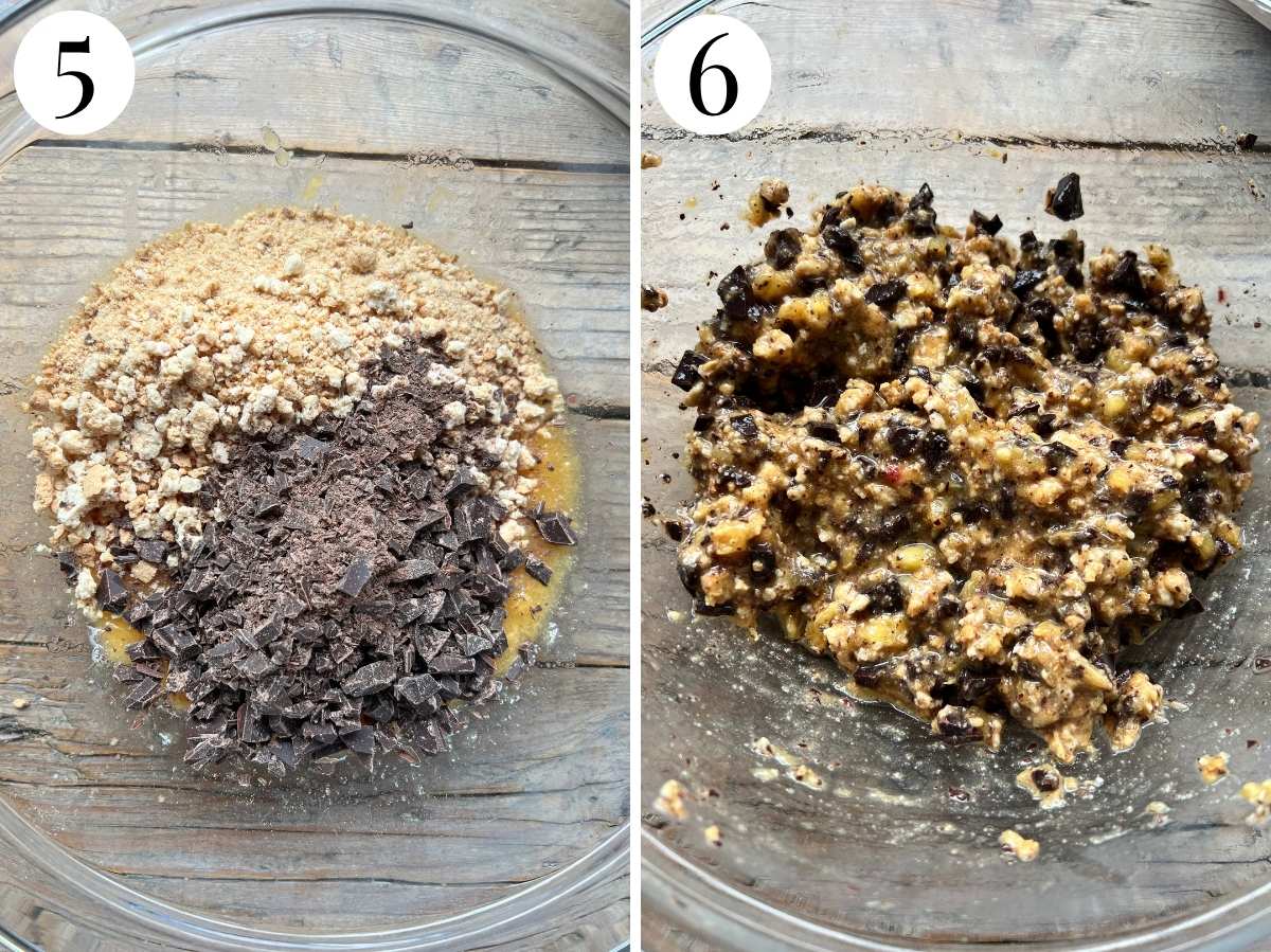 Two photos showing the filling getting mixed for the stuffed peaches.