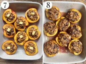 Two photos showing the before and after of baking stuffed peaches.
