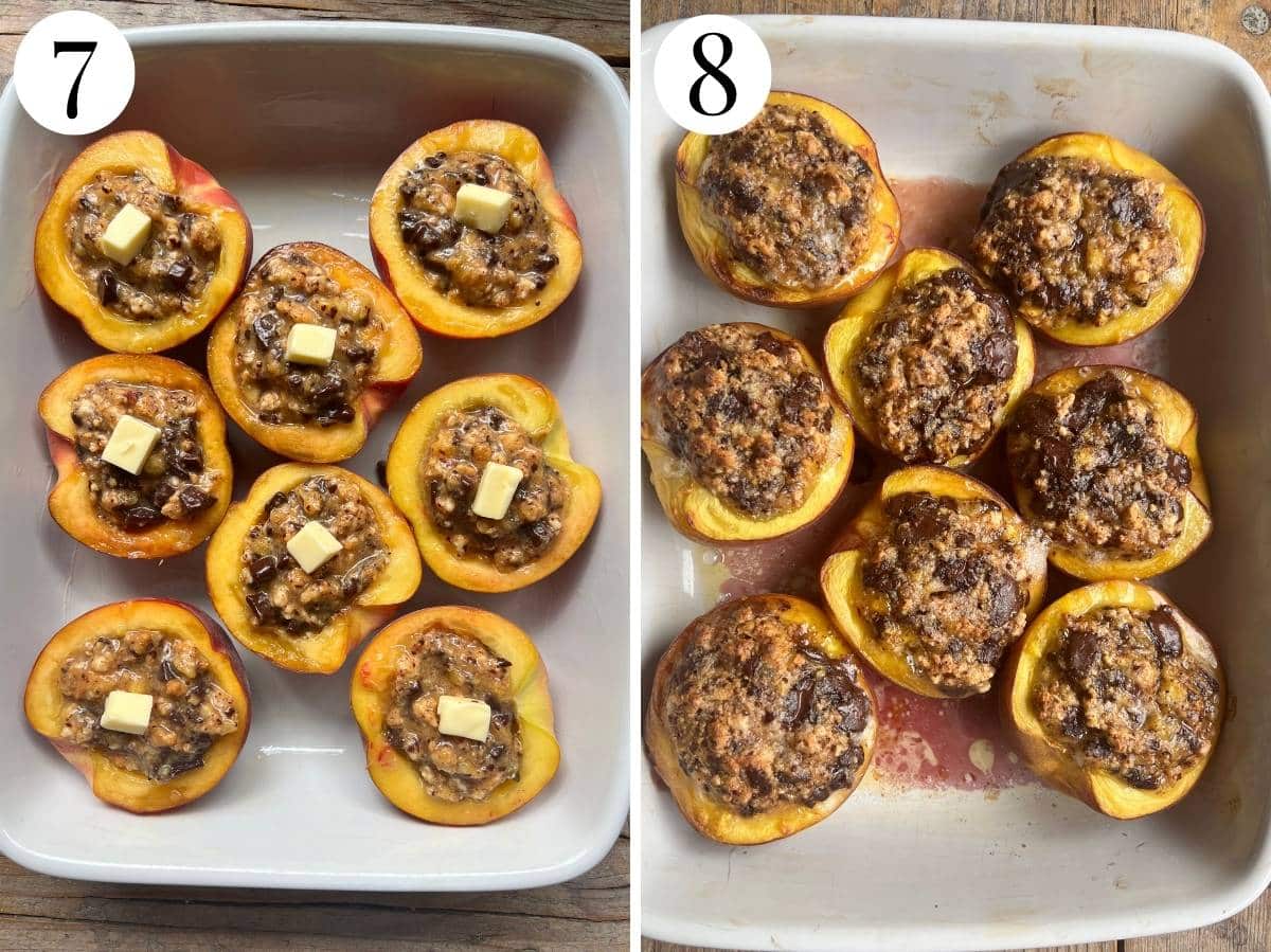 Two photos showing the before and after of baking stuffed peaches.