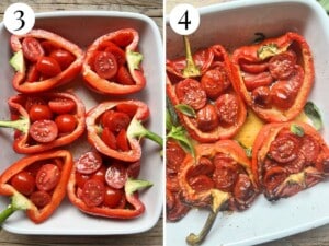 Two photos in a collage showing bell peppers stuffed with cherry tomatoes in a baking dish and what they look like after baking in the oven.