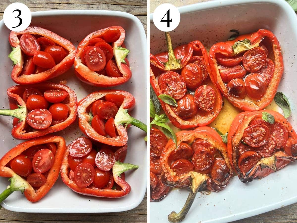Two photos in a collage showing bell peppers stuffed with cherry tomatoes in a baking dish and what they look like after baking in the oven.