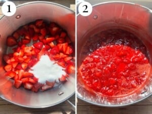 Two photos in a collage showing chopped strawberries, sugar and lemon in a pan and stewed down after cooking.