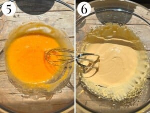 Two photos in a collage showing the eggs turning thick and pale.