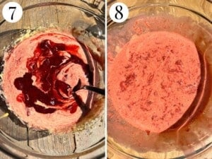 Two photos in a collage showing the strawberry sauce mixed with the egg mixture.