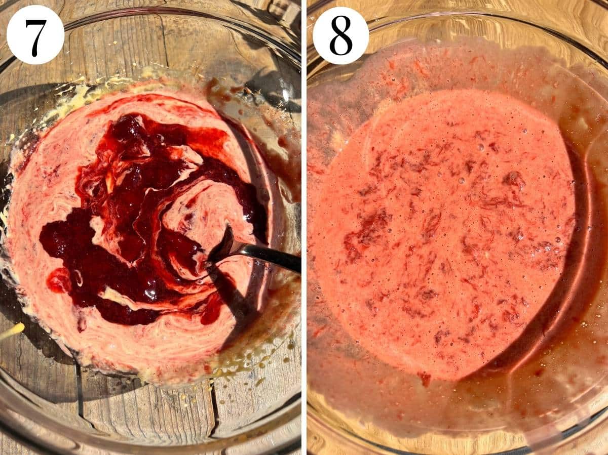 Two photos in a collage showing the strawberry sauce mixed with the egg mixture.
