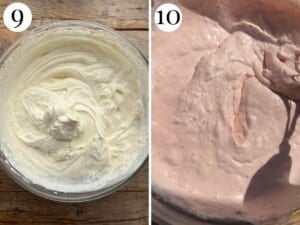 Two photos in a collage showing whipped cream and then the cream folded with the strawberry mixture.