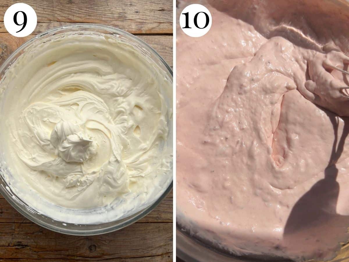 Two photos in a collage showing whipped cream and then the cream folded with the strawberry mixture.